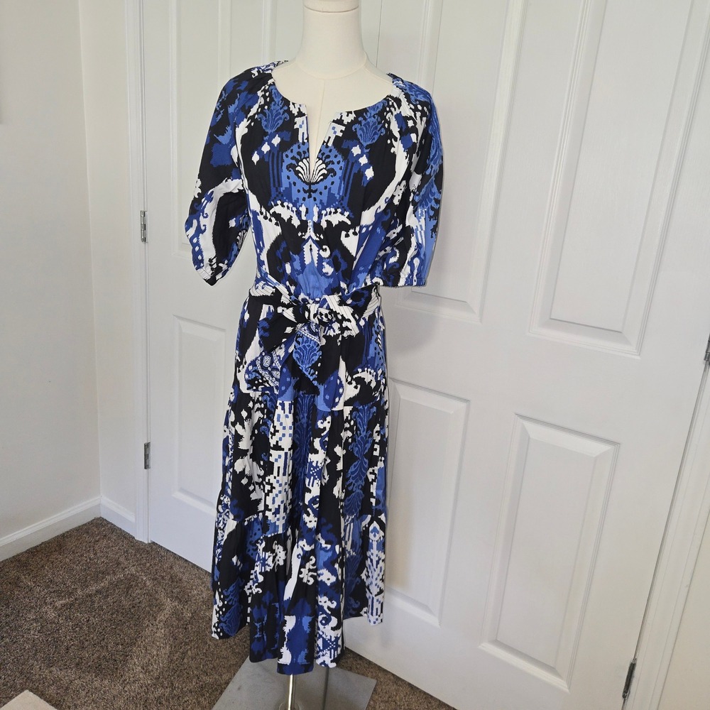Chico'sTiered Midi Dress Women 10 Blue Ikat Damask Split Neck Puff Sleeve Belted